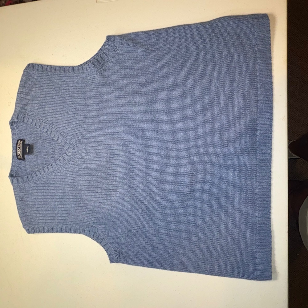 Lands End Mens Blue V-Neck 100% Cotton Knit Sweater Vest Size M 10-12